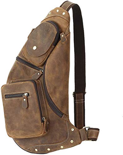 Leathario Brusttasche Herren Leder Crossbag Wasserdicht Sling Rucksack Sling Bag Echtleder Schulterrucksack Schulltlertasche Crossbody Bag Tragtasche für Wandern Arbeit Radfahren Reise von Leathario