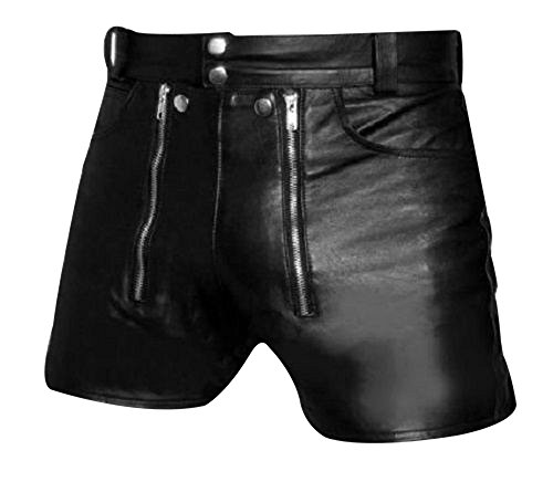 Herren Echt Sexy Schwarz Leder Keuschheit Homosexuell Bondage Shorts Hinten Reißverschluss, Schwarz , 28W von Leather Addicts