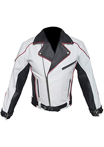 Herren-Jacke aus echtem Leder, Schwarz/Weiß/Rot Gr. Medium, Weiß und Schwarz mit roter Paspel von Leather Addicts