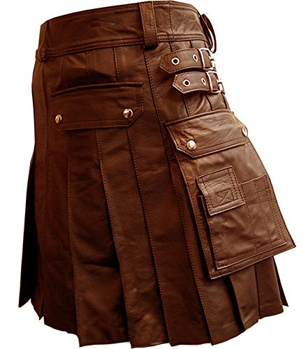 Herren-Kilt aus echtem braunem Leder, Gladiator-Faltenmuster, Utility-Kilt LARP Gr. 40W x 20L, Herren-Kilt aus echtem braunem Leder von Leather Addicts