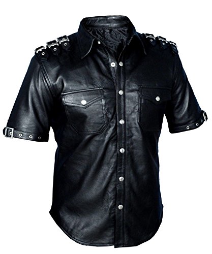 Herren-Leder-Polizei-Uniform, echtes schwarzes Hemd Bluf Schaf, Lamm Gr. 56, Schwarz von Leather Addicts