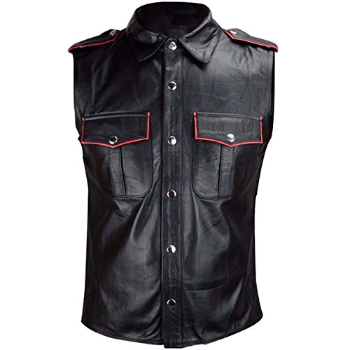 Leder-Polizei-Uniform-Herren heißes echtes schwarzes Hemd BLUF Schaf Lamm, Schwarz mit roter Paspelierung, L von Leather Addicts