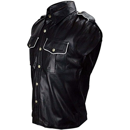 Leder-Polizei-Uniform-Herren heißes echtes schwarzes Hemd BLUF Schaf Lamm, Schwarz mit weißer Paspelierung, XL von Leather Addicts