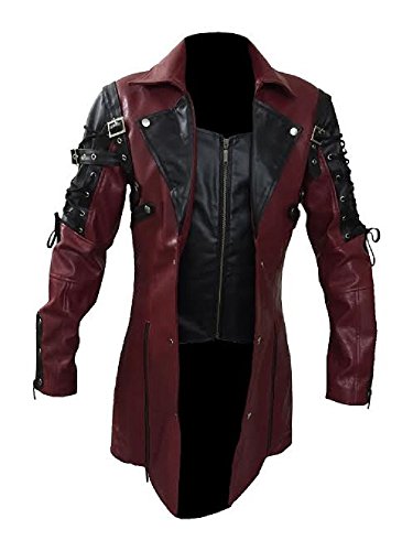 Herren Trenchcoat aus echtem Leder, Gothic-Matrix, Steampunk, Gothic-Stil, Schwarz und Rot, Schwarz , L von Leather Addicts