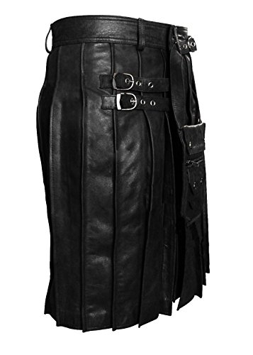 Herrenkilt und Sporran aus echtem Leder, plissiert, Schwarz Gr. 34W x 20L, Schwarz von Leather Addicts