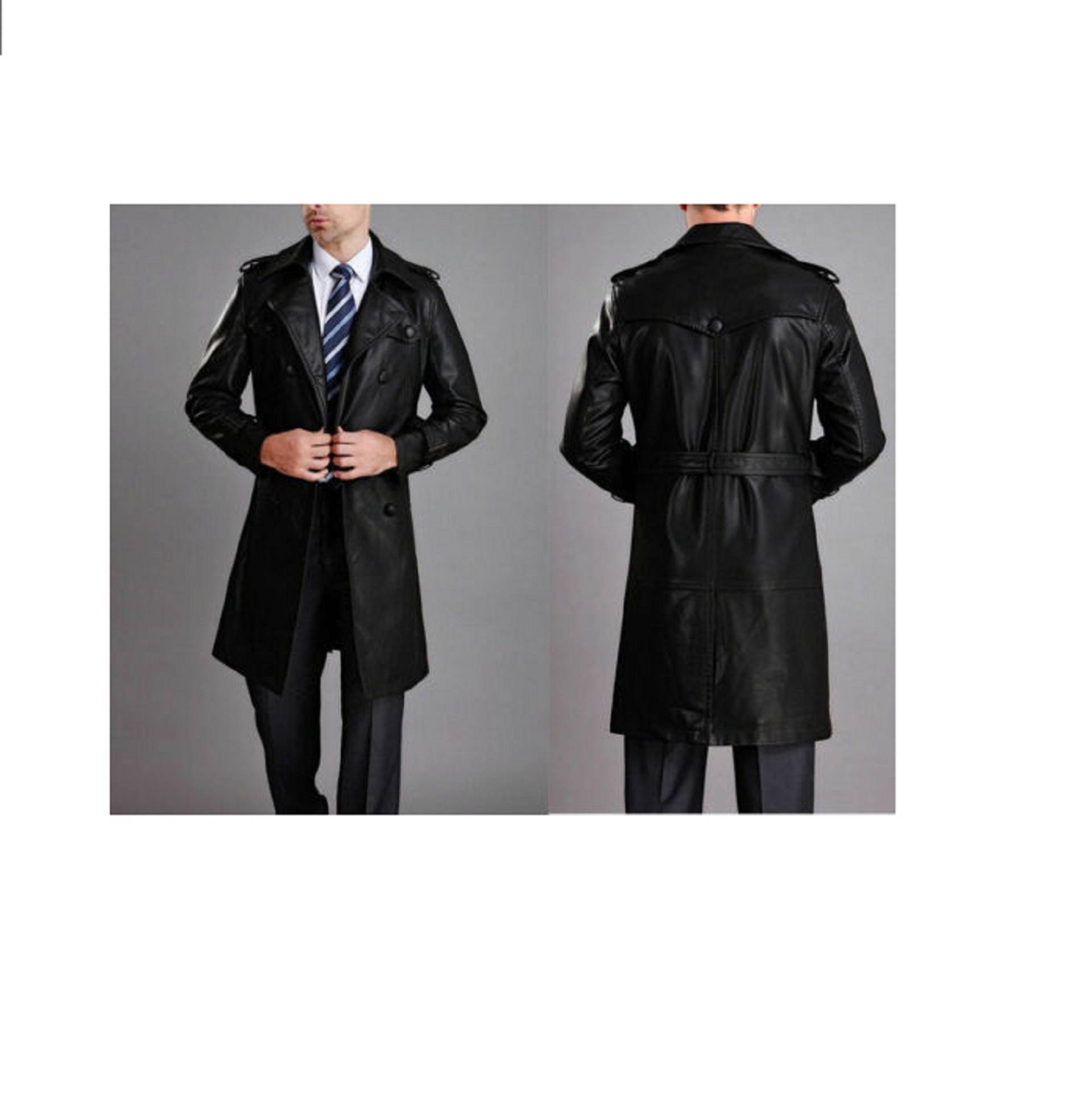 Herren Leder Trenchcoat Handgefertigte Echte Kuh Mantel Halloween Schwarzes Business Designer von LeatherApparelUKLTD