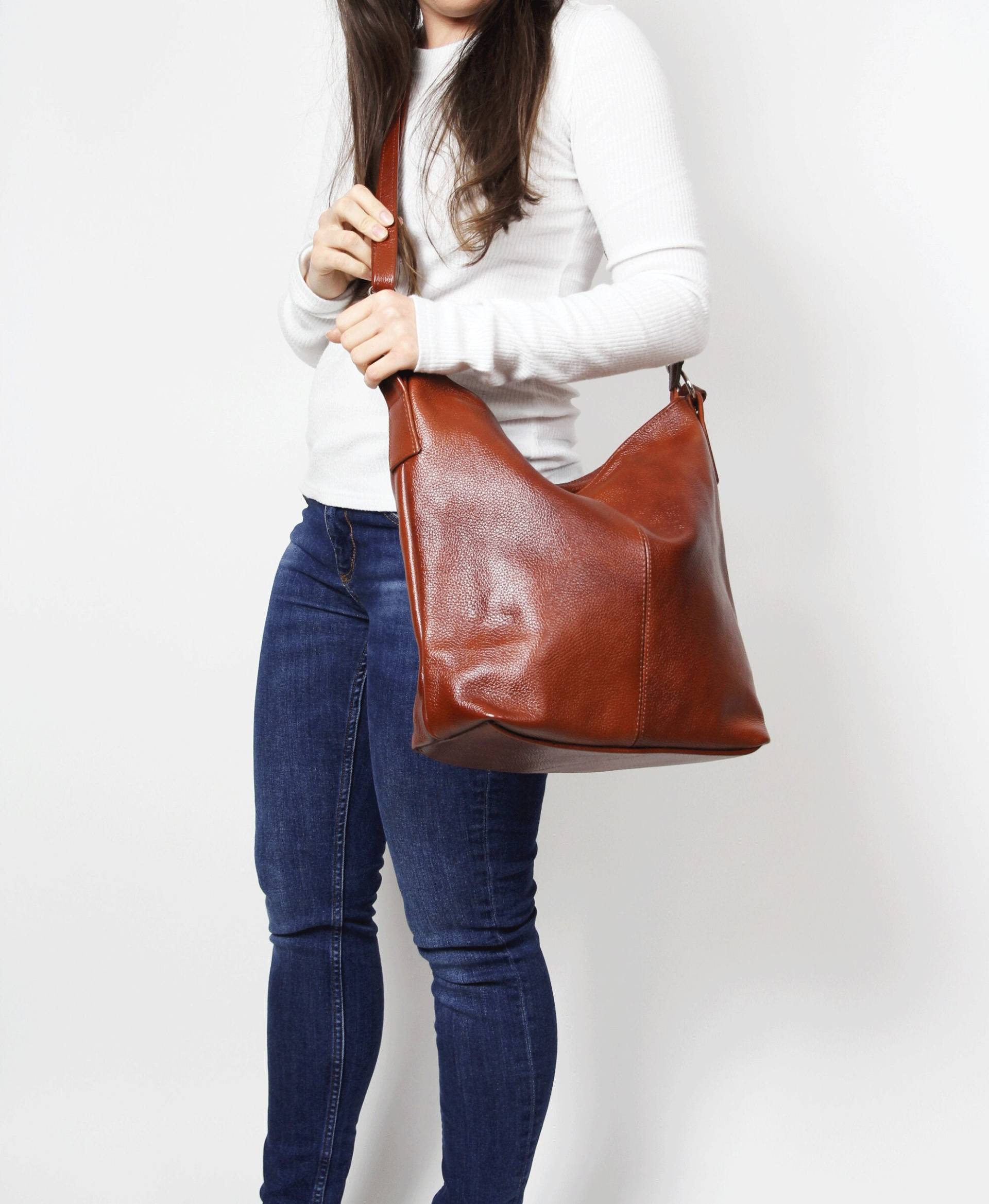 Braune Leder Hobo Tasche, Cognac Braune Tasche, Alltägliche Leder Umhängetasche, Top Reißverschlusstasche, Damen Geldbörse von LeatherBagsStudio