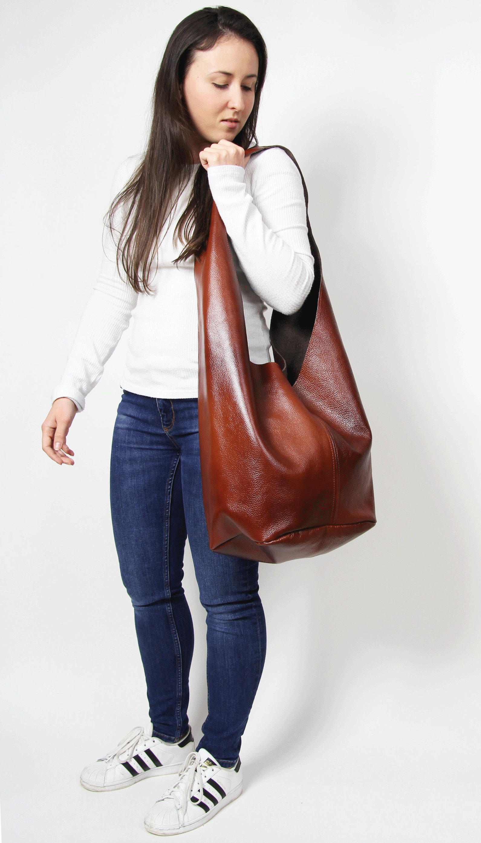 Leder Boho Handtasche Hobo Bag Große Umhängetasche Damen Geldbörse Braun von LeatherBagsStudio