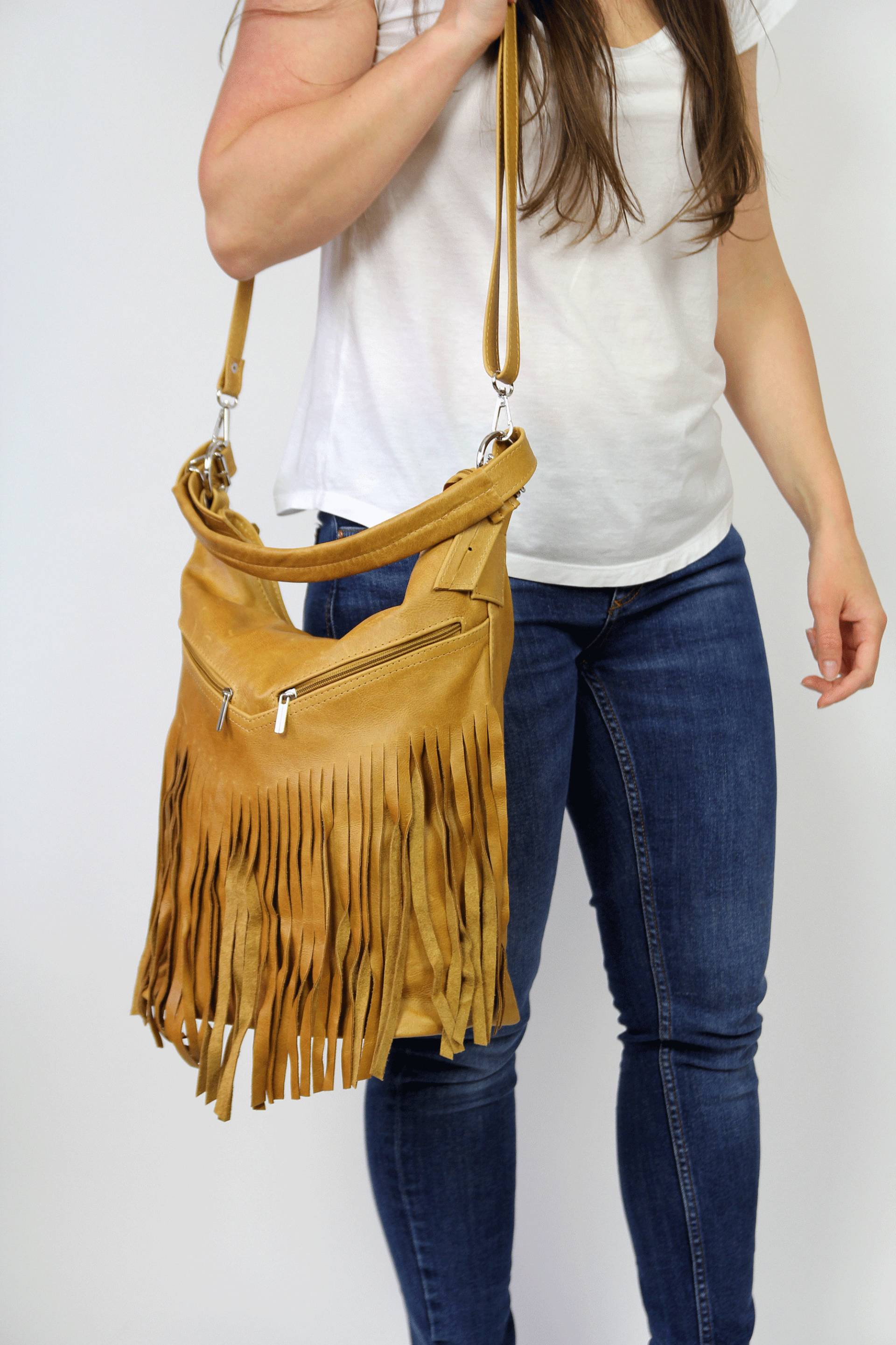 Leder Geldbörse Boho Fransen Handtasche Hobo Bag Große Umhängetasche Damen Gelb von LeatherBagsStudio