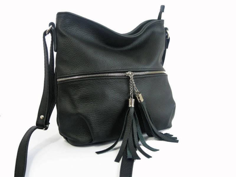 Schwarze Leder Umhängetasche Fransen Quaste Schultertasche von LeatherBagsStudio