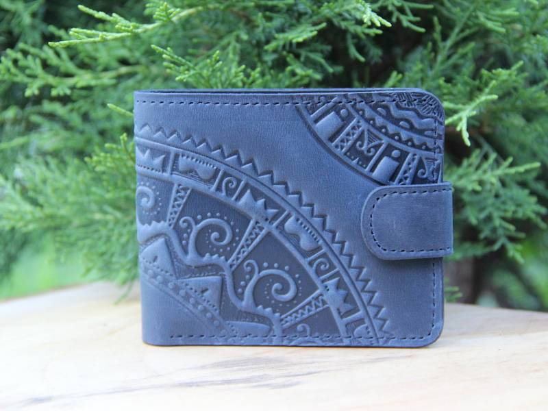 Brieftasche Aus Geprägtem Blauem Leder Handgemachte von LeatherCraftsUA