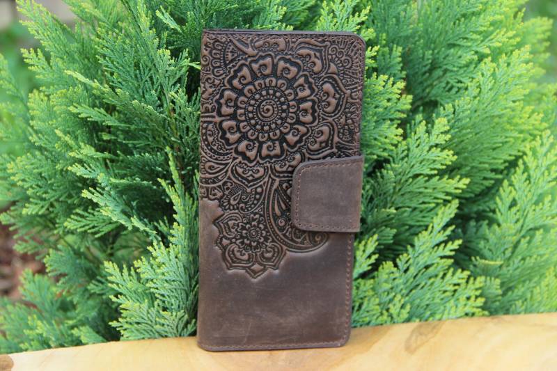 Floral Geprägte Dunkelbraune Leder Geldbörse Vollkorn Clutch von LeatherCraftsUA