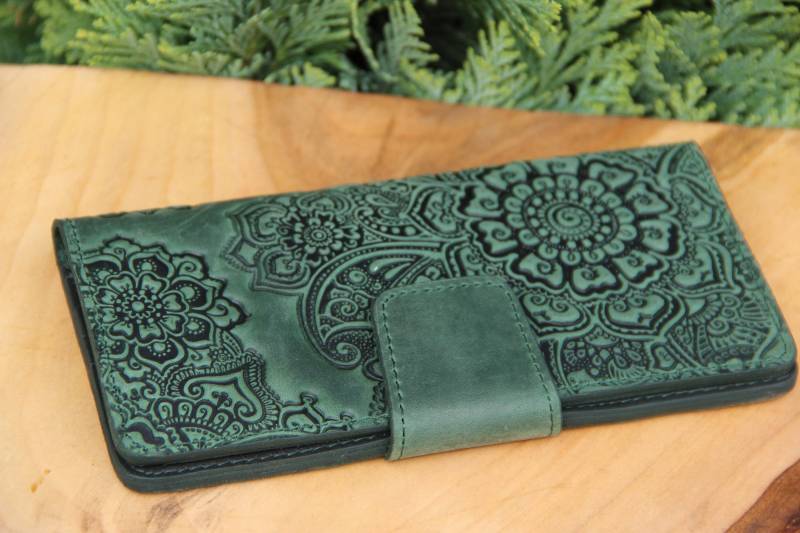 Lange Grüne Leder Geldbörse Florale Geprägte Vollkorn-Kupplung von LeatherCraftsUA