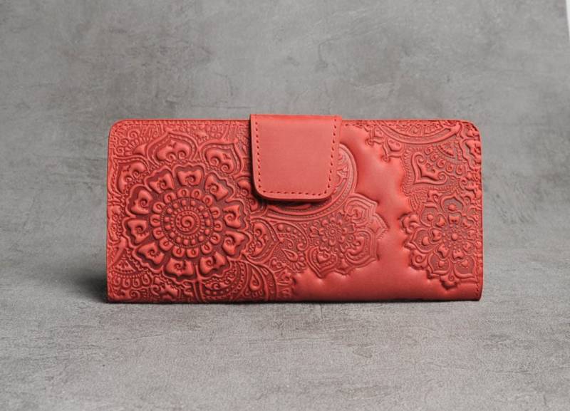 Rote Leder Geldbörse Geprägte Florale Vollkorn-Kupplung von LeatherCraftsUA