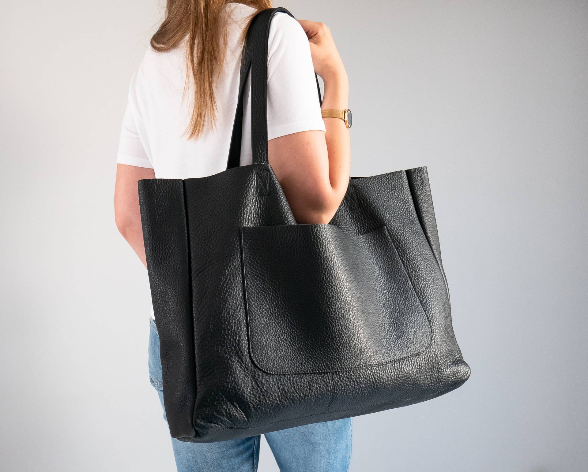 Black Oversize Leder Tote Tasche, Große Geldbörse, Einkaufstasche, Schultertasche, Ledertasche, Alltags-Tasche, Extra Laptoptasche von LeatherDesignStudio