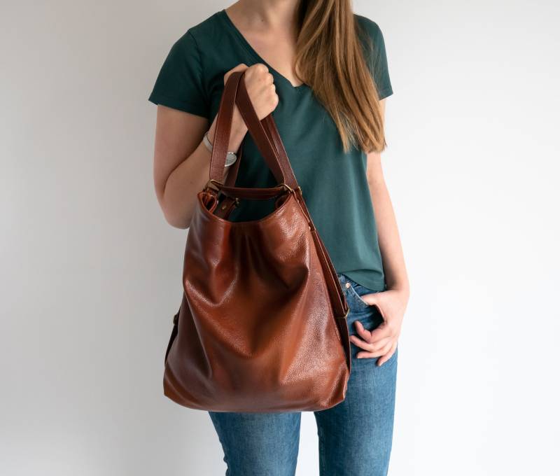 Cognac Braun Convertible Rucksack, Leder Rucksack Geldbörse, Schultertasche, Crossbody Handtasche, Schultasche, Distressed Hobo von LeatherDesignStudio