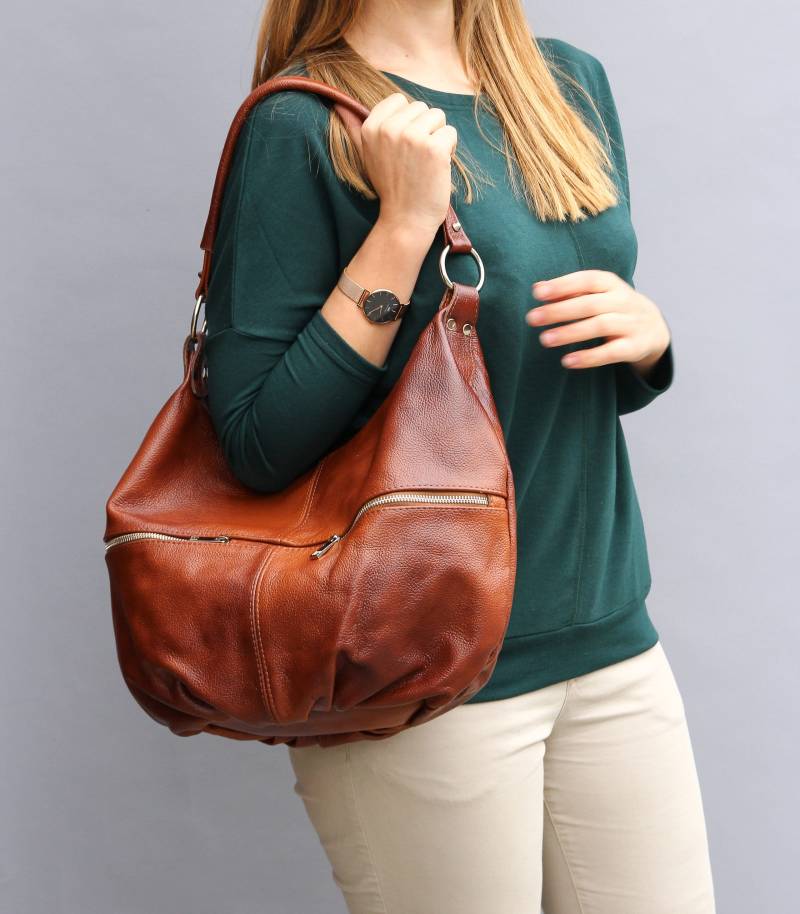 Cognac Braune Leder Hobo Tasche, Schultertasche, Cross Body Handtasche, Hobo Leder Geldbörse, Shopper von LeatherDesignStudio