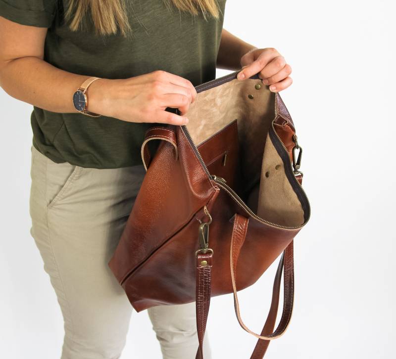 Cognac Braune Leder-Umhängetasche, Shopper-Tasche Aus Leder, Große Handtasche, Braune Ledertasche, Crossbody, Messing-Hardwares von LeatherDesignStudio