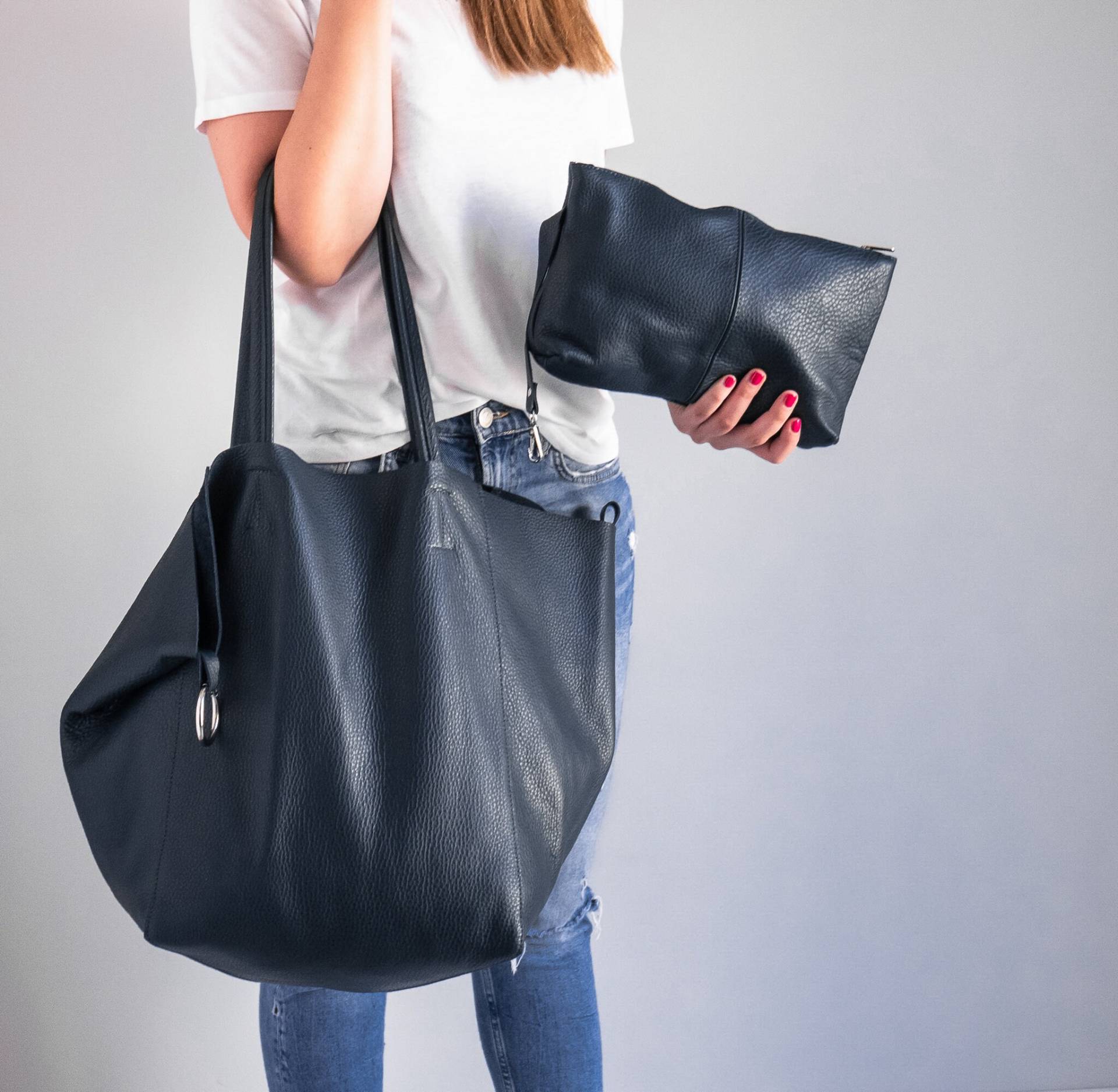 Dark Blau Oversize Shopper Tasche - Navy Leder Umhängetasche Große Tote Einkaufstasche Alltag Geldbörse von LeatherDesignStudio