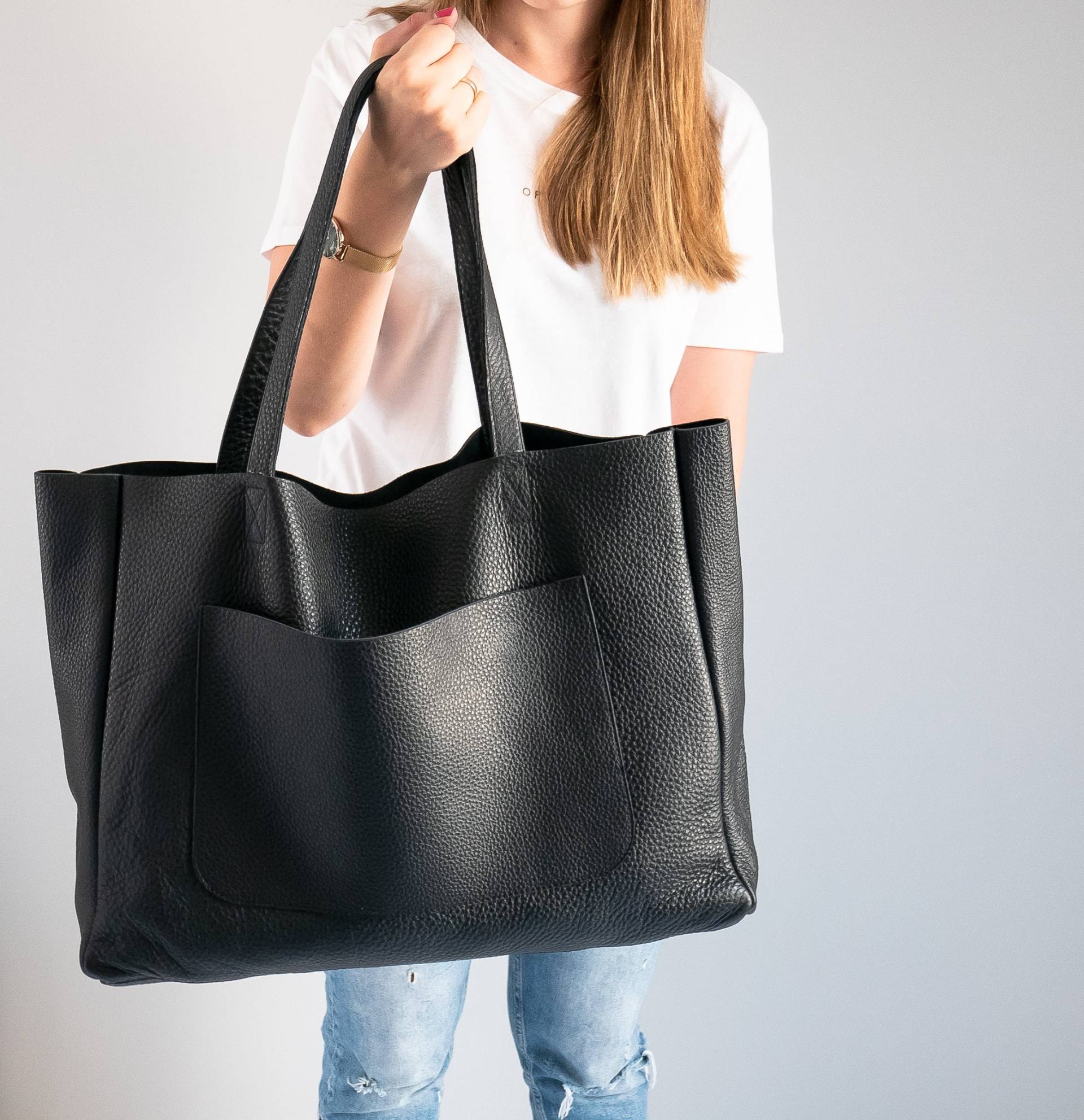 Große Tote Bag, Black Oversize Shopper, Leder Einkaufstasche, Xxl Geldbörse, Handtasche, Weekender Big von LeatherDesignStudio