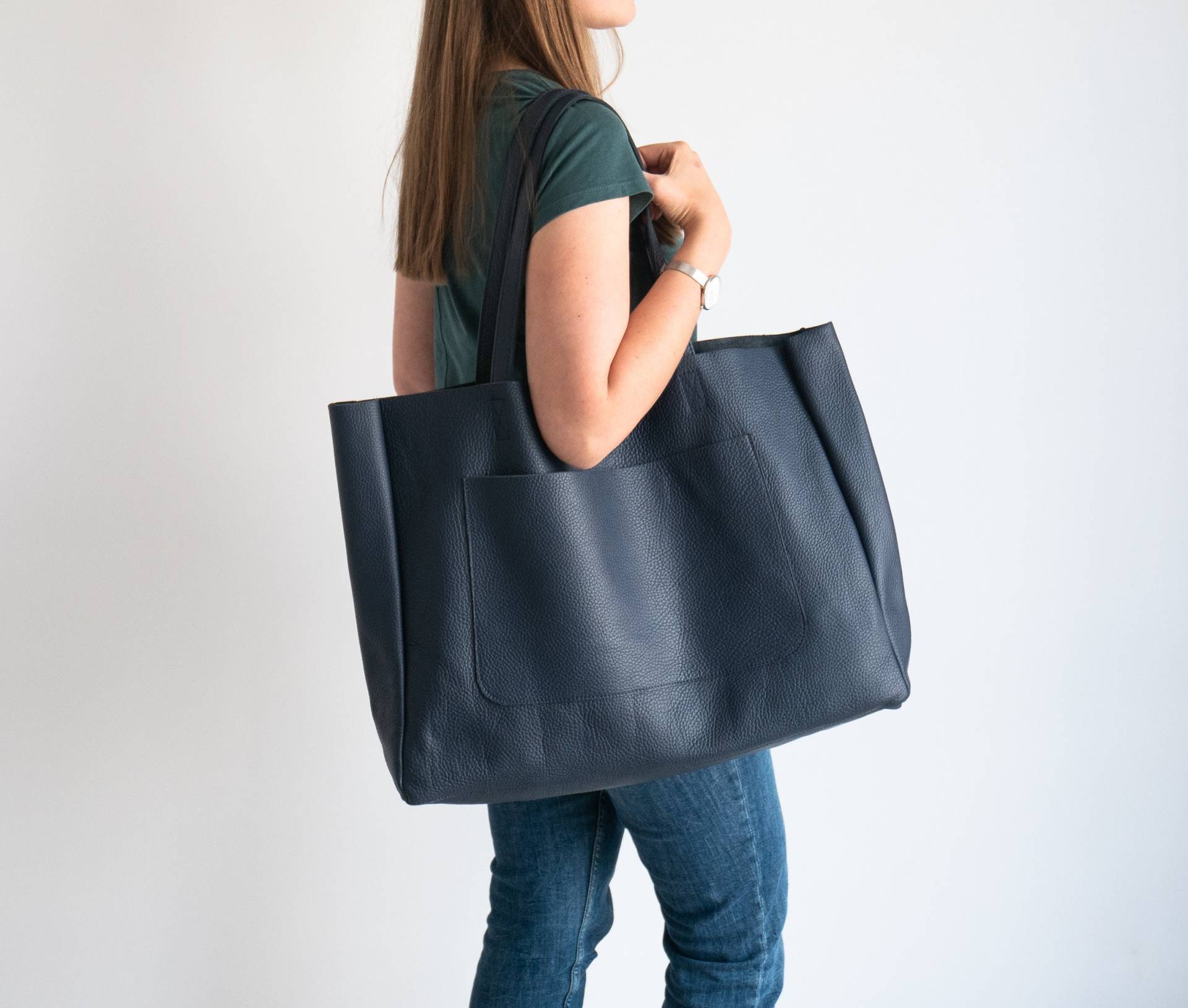 Große Tote Bag, Navy Blau Oversize Shopper, Leder Einkaufstasche, Große Weekender Tote, Xxl Geldbörse, Handtasche von LeatherDesignStudio