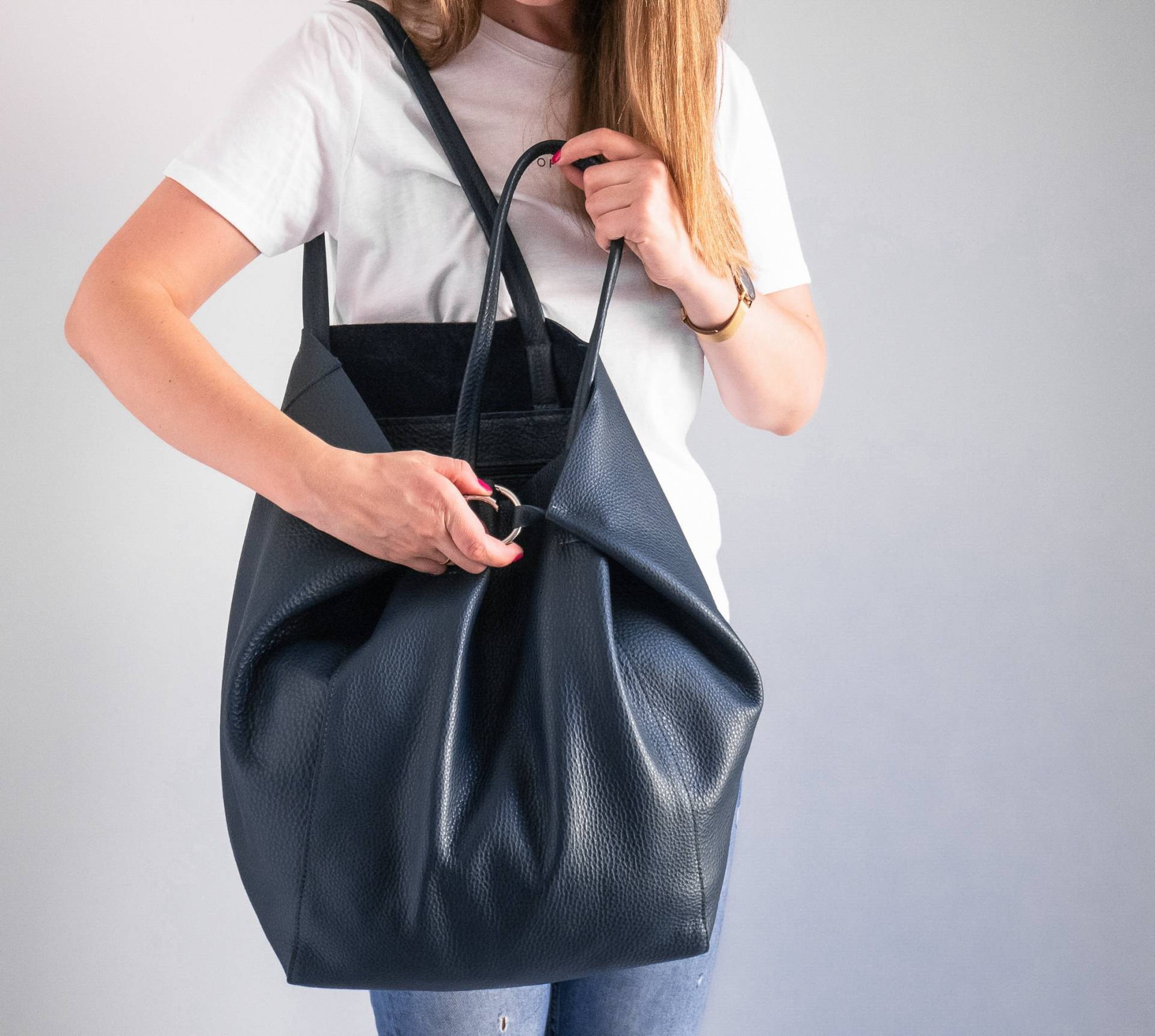 Navy Oversize Shopper Tasche - Dark Blau Leder Umhängetasche Große Tote Einkaufstasche Alltag Geldbörse Reisetasche von LeatherDesignStudio