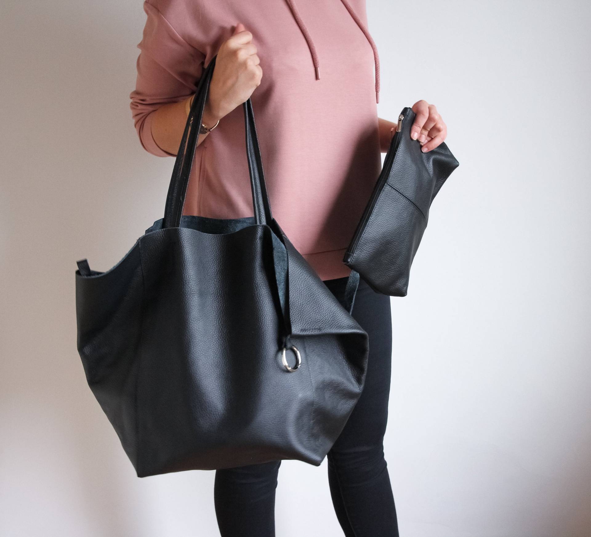 Schwarze Oversize Shopper Tasche - Große Schwarze Leder Umhängetasche Einkaufstasche Geldbörse Reisetasche von LeatherDesignStudio