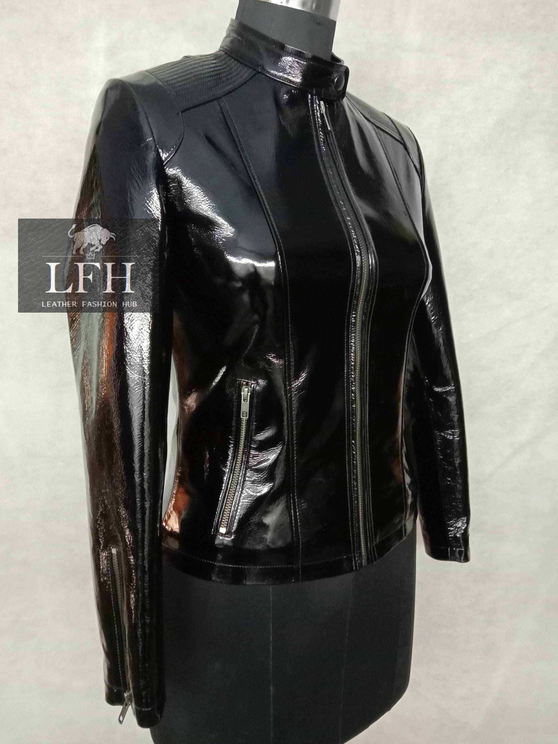 Damen & Mädchen 100% Echte Weiche Lammleder Lackleder Motor Biker Jacke Slim-Fit, Lange Ärmel, Schöner Look von LeatherFashionHub