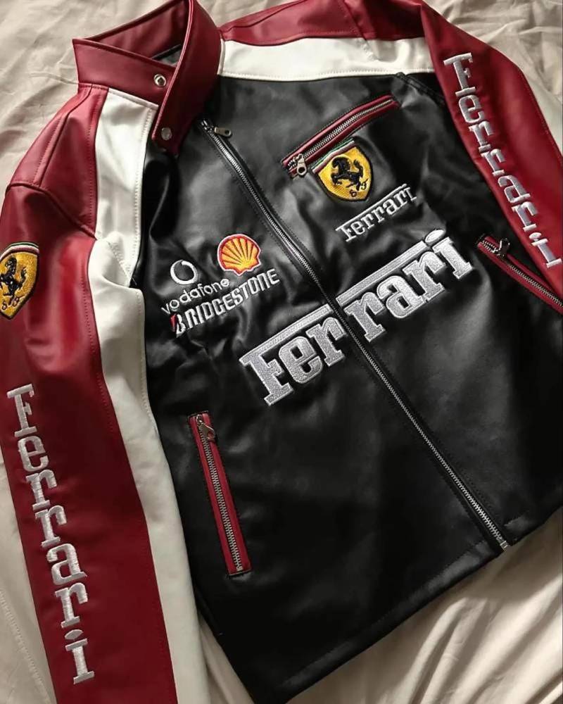 Ferrari Motorradjacke Herren - Rot, Schwarz & Weiß Echtleder | Shell Vodafone Lederjacke Retro Racing Style Für von LeatherHubFitness