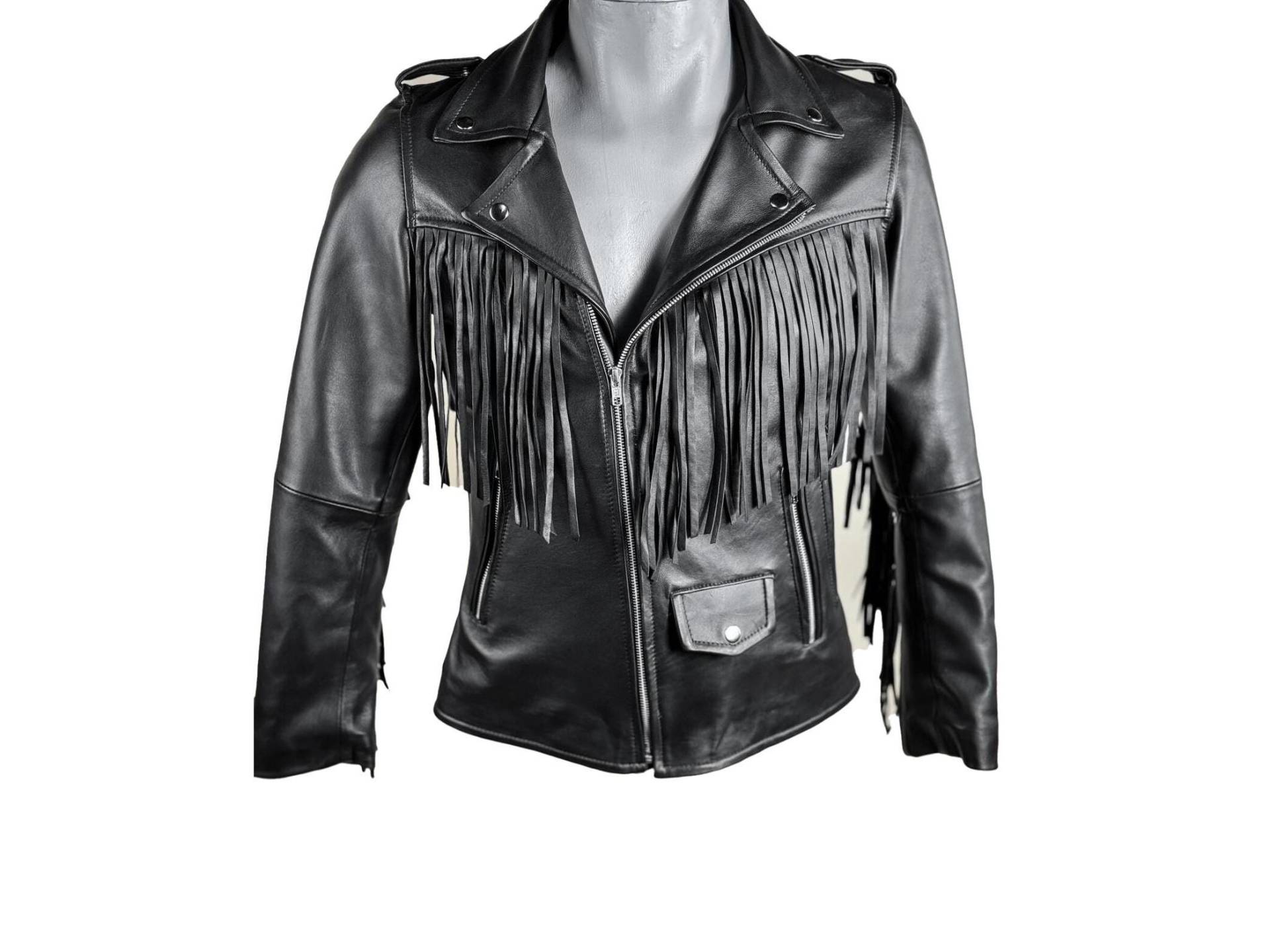 Damen Schwarze Fransen Leder Bikerjacke Western Cowgirl Outfit von LeatherSleeek