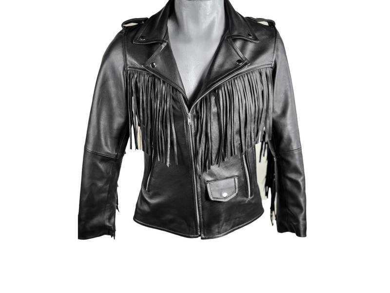 Damen Schwarze Fransen Leder Bikerjacke Western Cowgirl Outfit von LeatherSleeek