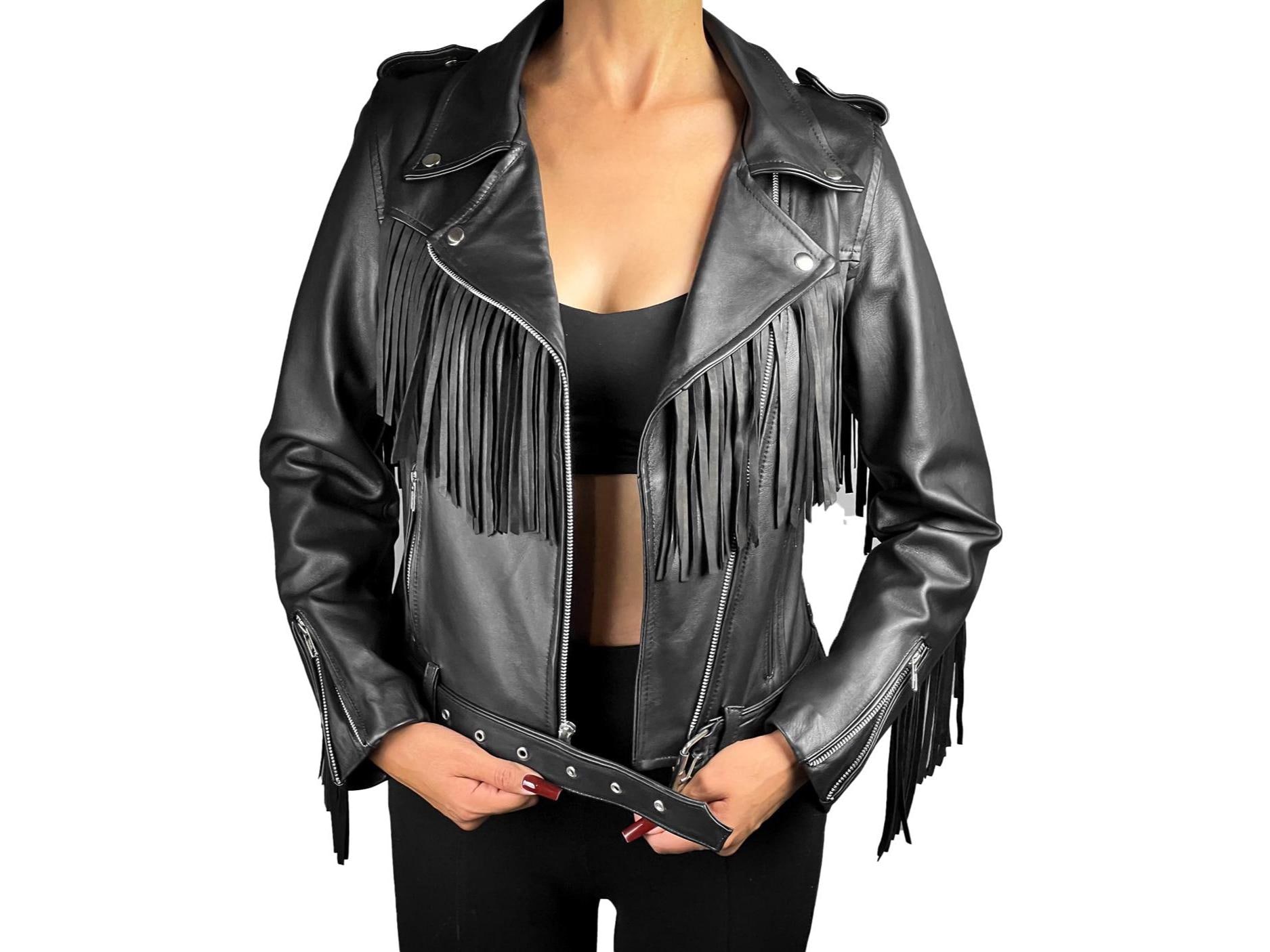 Handgefertigte Echtleder Fransen Bikerjacke - Western Cowgirl Style Handgefertigte Echtleder Fransen Bikerjacke - Western Cowgirl Style von LeatherSleeek