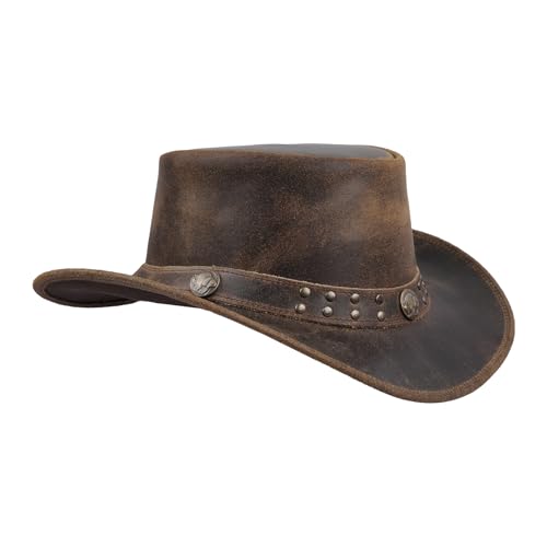 Leatherick Cowboyhut - Brauner geflochtener Hut Conchos-Nietenhut Jahrgang Outback-Hut Stil mit breiter Krempe und Kinn Kordel (M, Braun (Stud)) von Leatherick
