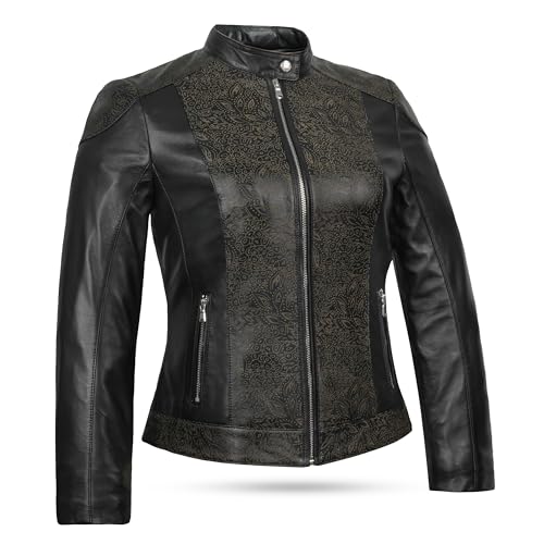 Leatherick Damen Premium Lammfelljacken – schlichtes Schwarz & lasergraviertes Design (DE/NL/SE/PL, Alphanumerisch, M, Regular, Regular, Schwarz (Graviert Strukturiert)) von Leatherick