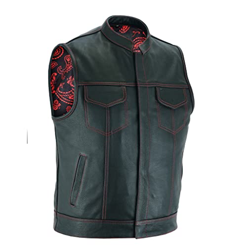 Leatherick Groove Club Herren-Motorradweste aus Leder, traditionelles Paisley-Satin-Futter mit roten Nähten, Schwarz, Größe 4XL, Rot und Schwarz Paisley (mit roten Nähten), 4XL von Leatherick