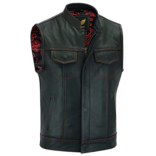 Leatherick Groove Club Herren-Motorradweste aus schwarzem Leder – Bikerweste (DE/NL/SE/PL, Numerisch, 64, Regular, Regular, Schwarz (rote Fadennaht)) von Leatherick