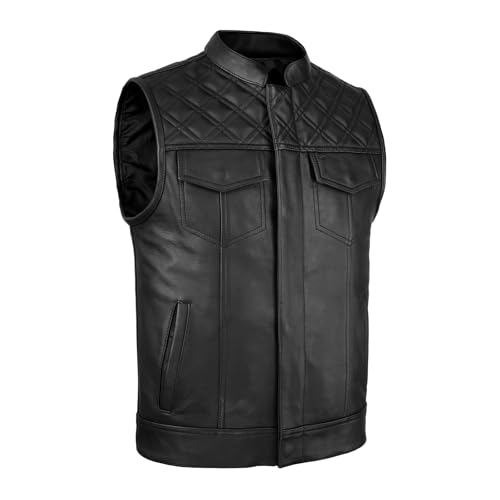Leatherick Groove Club Schwarze Lederweste für Herren – Traditionelles Paisley-Satinfutter (DE/NL/SE/PL, Numerisch, 66, Regular, Regular, Schwarze Rautensteppung) von Leatherick