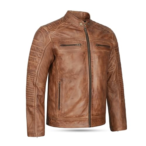 Leatherick Herren-Bikerjacke aus echtem Leder im Distressed-Look, Hellbraun, Distress Brown (DE/NL/SE/PL, Alphanumerisch, XL, Regular, Regular) von Leatherick