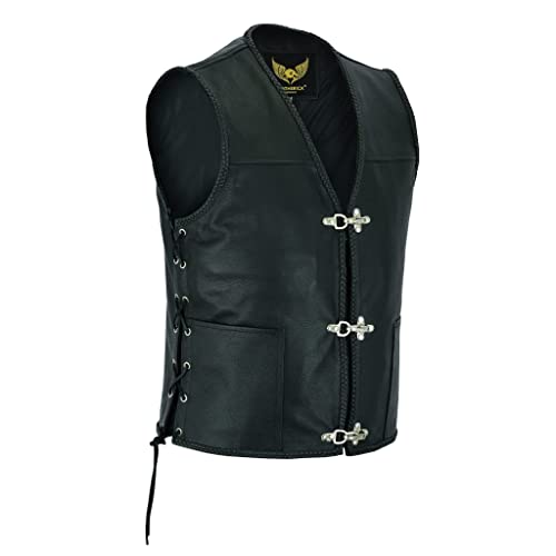 Leatherick Herren geflochtene fischhaken schnalle echtes Leder motorrad weste mit verstellbaren seiten schnürsenkel schwarz (XL) von Leatherick