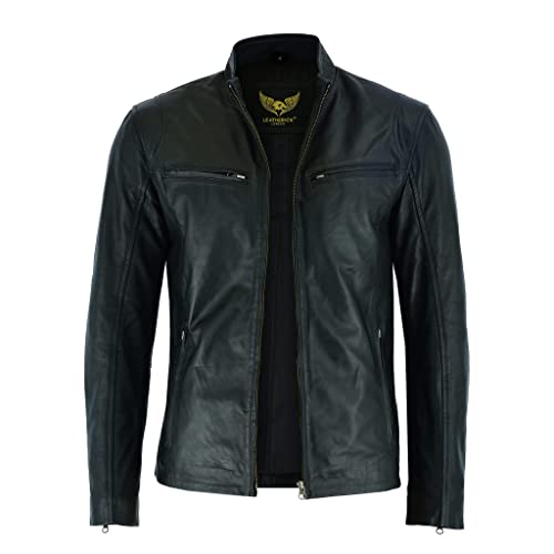 Leatherick Herren Premium Nappa Schafsleder Cafe Racer Schwarze Bikerjacke (DE/NL/SE/PL, Alphanumerisch, XXL, Regular, Regular, Jacket Black Hooper Style) von Leatherick