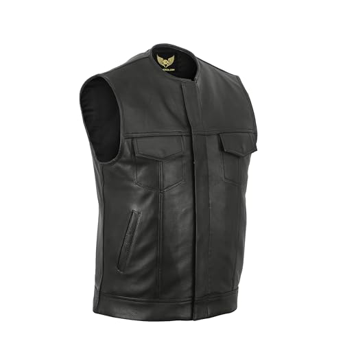 Leatherick Herren SOA Anarchy Collarless Echtes Echtes Leder Biker Weste Schwarz - S 46 von Leatherick