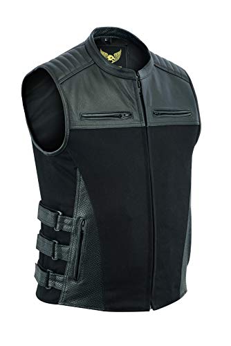 Leatherick Herren SWAT taktisch stil Denim und oben korn büffel Leder motorradfahrer Weste mit tief taschen und perforiert tasche Panels schwarz L von Leatherick