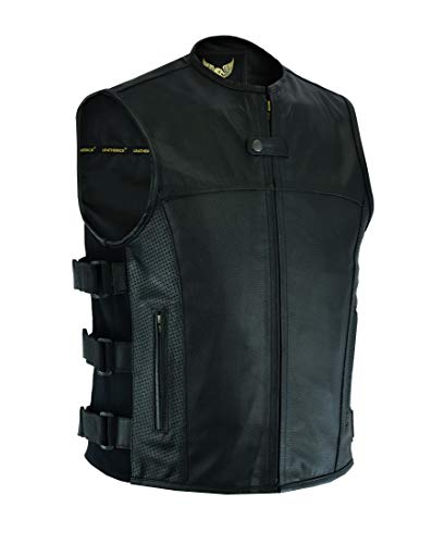 Leatherick Herren SWAT taktisch stil oben korn motorradfahrer Leder Weste mit tief taschen und Perforation auf tasche Panels schwarz 4XL von Leatherick