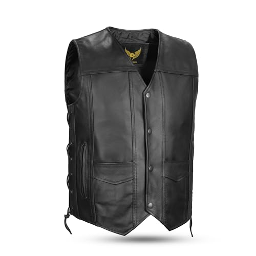 Leatherick Herren Top-Grain Rindsleder Weste aus echtem Leder Schwarz Klassische Weste mit seitlichen Schnürsenkeln und verdeckten Tragetaschen - Schwarz - 5XL von Leatherick