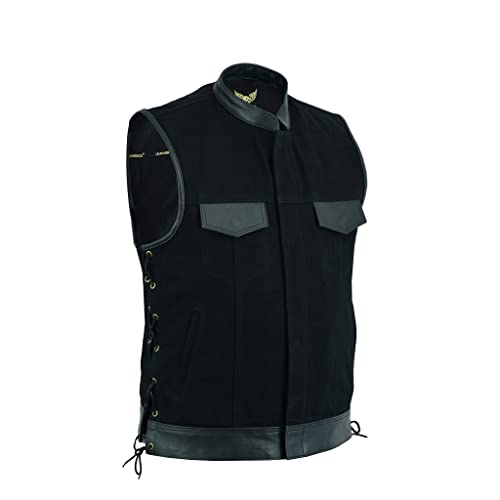 Leatherick Herren seite geschnürtes Anarchy Club Leder Trim Denim motorradfahrer Weste mit tief taschen schwarz - L von Leatherick