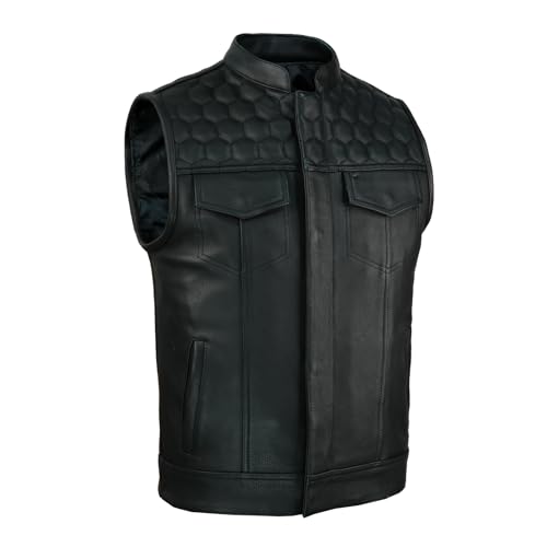 Leatherick Honeycomb SOA Style Motorradweste aus echtem Leder für Herren – Schwarz Verdeckte Bikerweste mit weichem Polyesterfutter (DE/NL/SE/PL, Numerisch, 58, Regular, Regular, Schwarz) von Leatherick