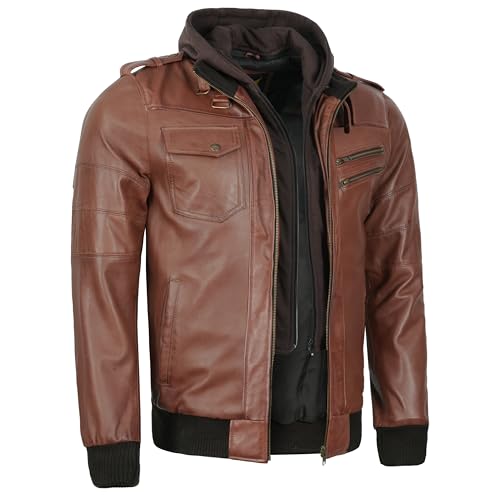 Leatherick Premium Lammfell-Lederjacke für Herren – Abnehmbare Fleecekapuze mit 7 praktischen Taschen und Frontreißverschluss (Schwarz & Braun) von Leatherick