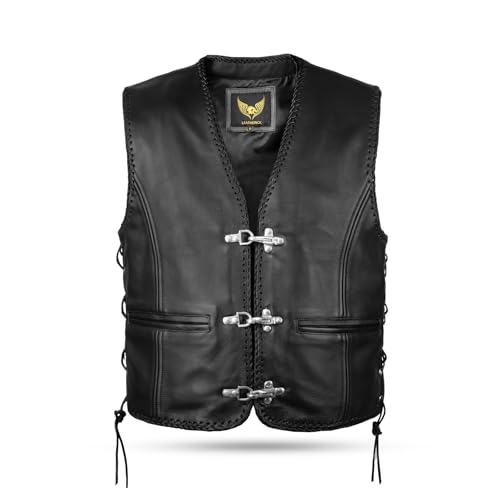 Leatherick Schwarze Motorradweste für Herren aus echtem Leder – klassisches geflochtenes Design, seitliche Schnürsenkel und Reißverschluss Herren-Bikerweste mit Angelhakenschnallen von Leatherick