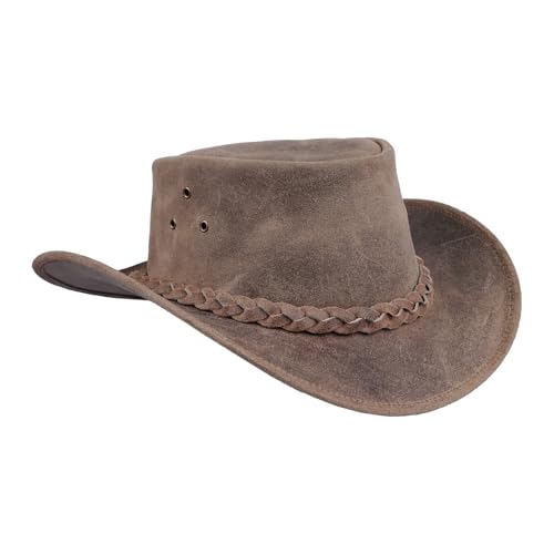 Leatherick Unisex-Cowboyhüte aus echtem Mad-Horse-Leder im West-Aussie-Stil mit Kinnriemen (2XL, Verrücktes Beigebraun) von Leatherick