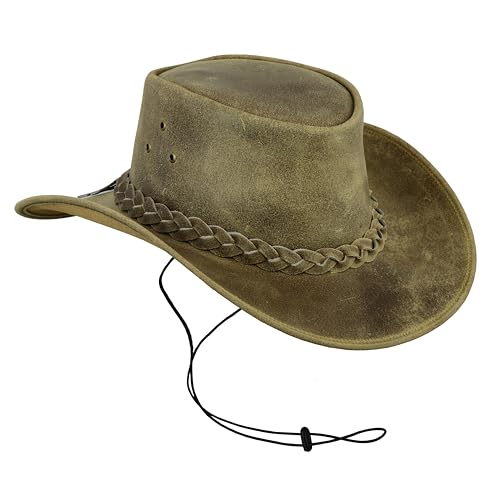 Leatherick Unisex-Cowboyhüte aus echtem Mad-Horse-Leder im West-Aussie-Stil mit Kinnriemen (M, Verrückte Bräune) von Leatherick
